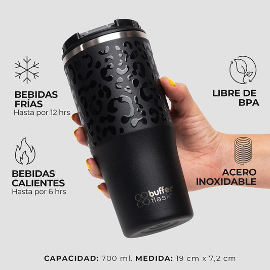 Mug Vaso Térmico Buffer Roques 750 ml +Tapas Negro Leopardo
