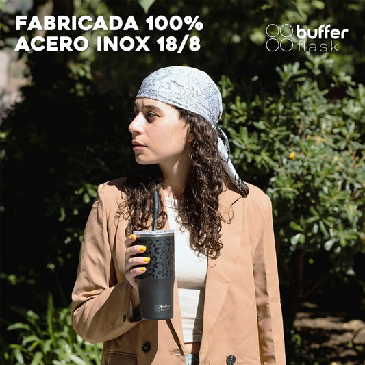 Mug Vaso Térmico Buffer Roques 750 ml +Tapas Negro Leopardo
