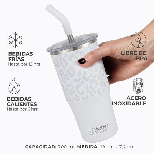 Mug Vaso Térmico Buffer Roques 750 ml +Tapas Ice Leopardo