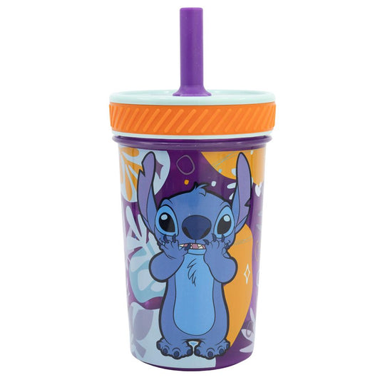 Vaso con Bombilla Silicona Antivuelco Stitch 370ml