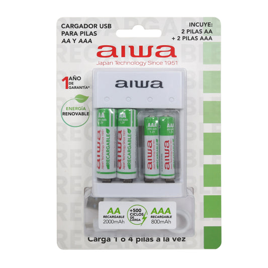 Cargador De Pilas Aiwa AA y AAA + 4 Pilas Bc-0807t Blanco