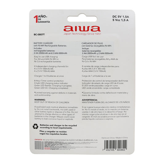 Cargador De Pilas Aiwa AA y AAA + 4 Pilas Bc-0807t Blanco
