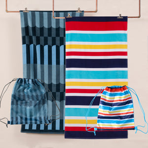 Set 2 Toallas Algodón Con Bolso Playa Azul