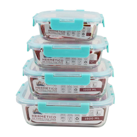 Set 4 Herméticos De Vidrio Borosilicato Fresh Lock Rectangulares Doral