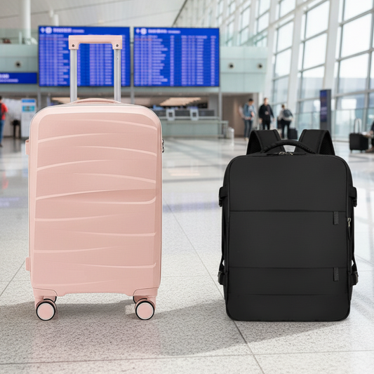 Combo Mochila Viaje Viral Cabina Avión 40L Black y Maleta de Cabina Light-Pink