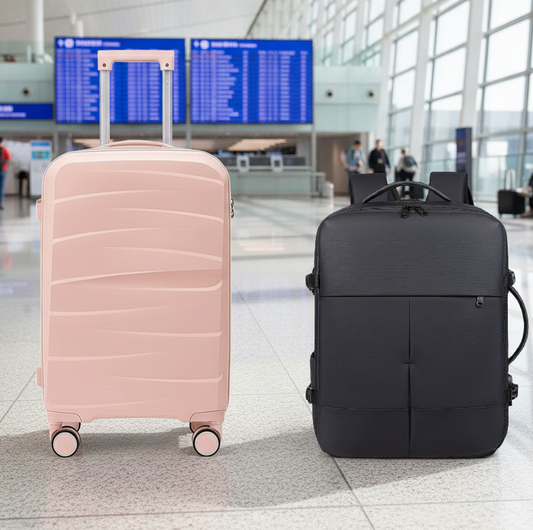 Combo Mochila Viaje Viral Cabina Avión 36L Black y Maleta de Cabina Rosado Oscuro