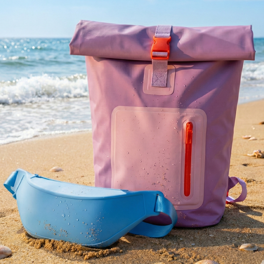 Combo Banano Silicona Celeste y Mochila Cooler Impermeable 15Lt Malva