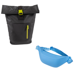 Combo Mochila Cooler Impermeable 15Lt Gris y Banano Silicona Celeste