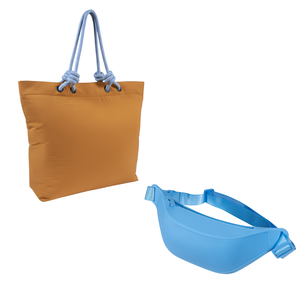 Combo Banano Silicona Celeste y Bolso Cooler Impermeable 16.5Lt Beige