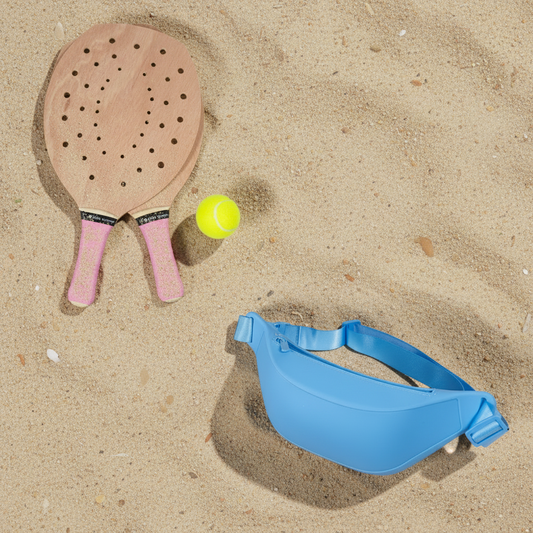 Combo Banano Silicona Celeste y Set Paletas de Playa Rosado