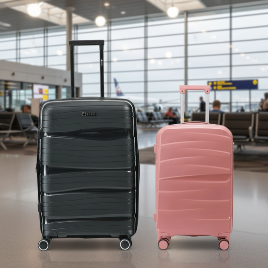 Combo 2 Maletas. Maleta Kippi (L) Rígida Wavy Negro y Maleta de Cabina (S) Rosado Oscuro