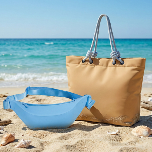 Combo Banano Silicona Celeste y Bolso Cooler Impermeable 16.5Lt Beige