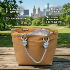 Combo Bolso Cooler Impermeable 16.5Lt Beige Con Cierre y Banano Rosado