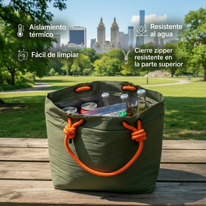 Combo Bolso Cooler Impermeable 16.5Lt Verde Oliva y Banano Rosado