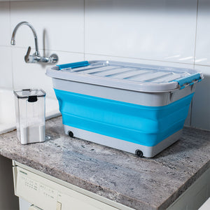 Caja Silicona Plegable Ruedas 30L Celeste