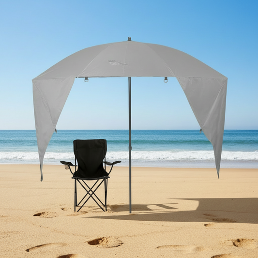 Combo Playero Grey-Navy: Quitasol Gris + Silla Azúl Oscuro