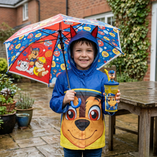 Combo  Paw Patrol 1 Impermeable Niño Chase Azul + 1 Paraguas + 1 Tomajugo 3D