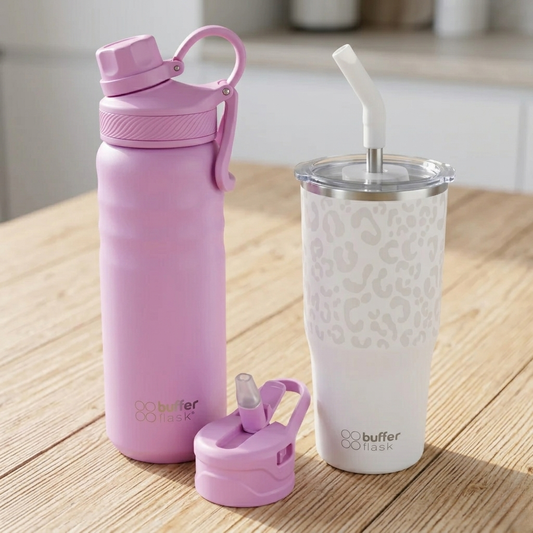 Combo Buffer 1 Mug Térmico Roques 750 ml Ice Leopardo + 1 Botella Térmica 700 ml Dani Pink