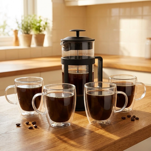 Prensa Francesa Glasso 1 Litro + 4 Tazas Térmicas Doble Pared 270 Ml
