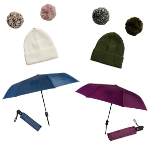 Combo Gorros de Punto con Pompones + Paraguas Retráctiles INV26