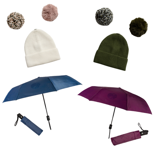 Combo Gorros de Punto con Pompones + Paraguas Retráctiles INV26