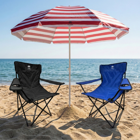 Combo Quitasol Rojo + 2 Sillas Camping Outdoor Plegables color Azul y Negro Llaima
