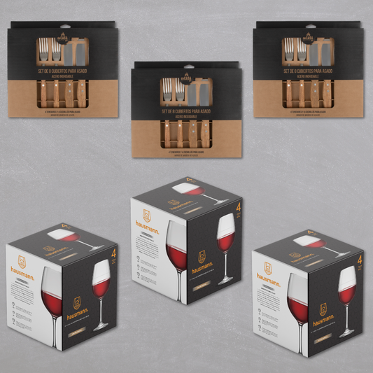 Combo BBQ 12 personas: Cubiertos de Asado y Copas de Vino 585ml