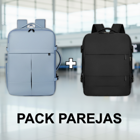 Combo 2 Mochilas de Viaje Viral Cabina. 1 Mochila 40L Black y 1 Mochila 36L. Ripstop Light-Blue. Impermeable y Expandible.