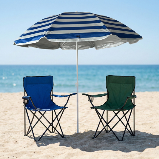 Combo 2 Sillas Plegables Apoya brazos Verde y Celeste Navigator + 1 Quitasol UV 1,6m Llaima Azul/Blanco