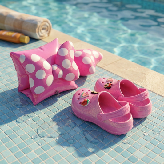 Combo Sandalia Zueco Niña Minnie Rosado y Alitas Flotadoras 3D Minnie