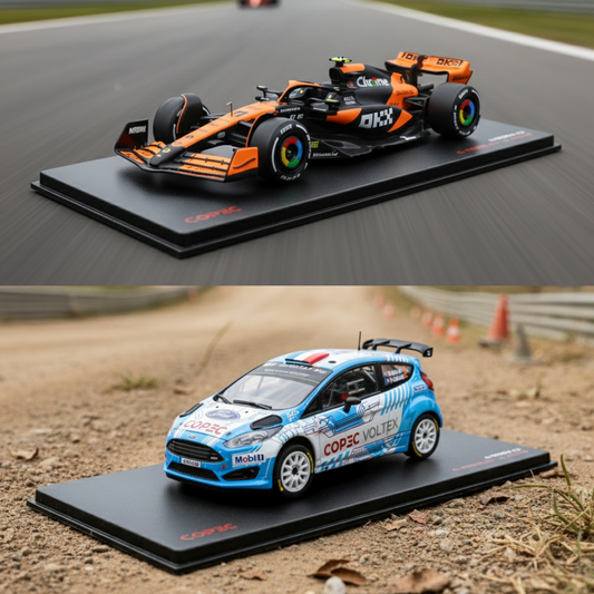 Combo Autos a Escala: Rally 1/55 Eléctrico y 1:43 McLaren Lando Norris 2024.