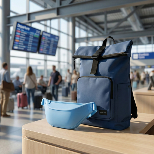 Combo Banano Silicona Celeste y Mochila Saxoline Preston Roll top 35L Blue