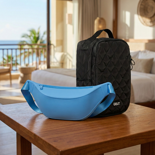 Combo Banano Silicona Celeste y Organizador de Viaje Cosmetiquero 24cm x 18cm Gout Negro