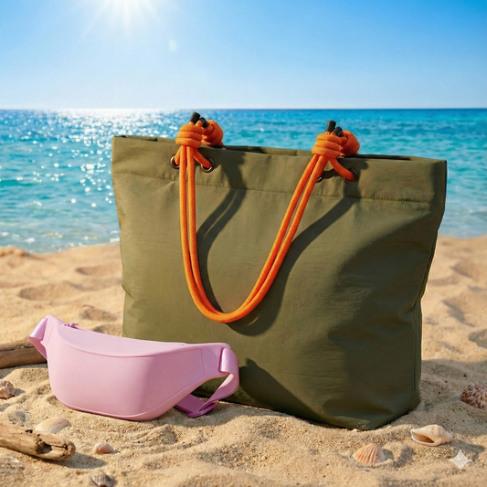 Combo Bolso Cooler Impermeable 16.5Lt Verde Oliva y Banano Rosado