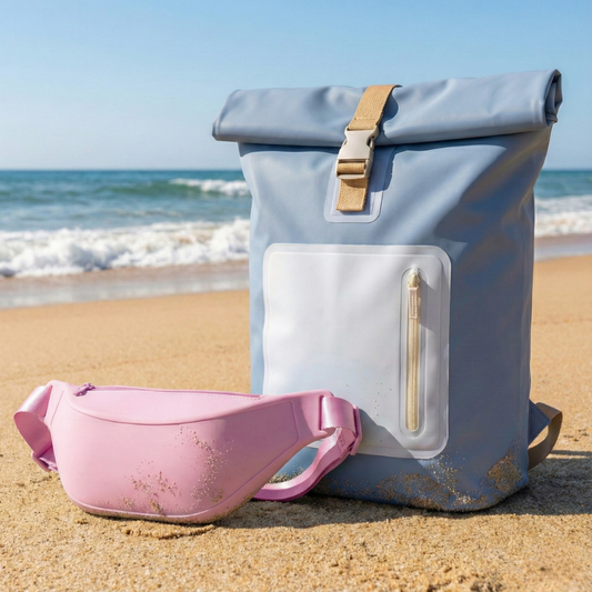 Combo Mochila Cooler Impermeable 15Lt Celeste y Banano Rosado