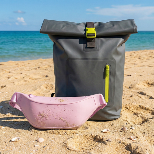 Combo Mochila Cooler Impermeable 15Lt Gris y Banano Rosado