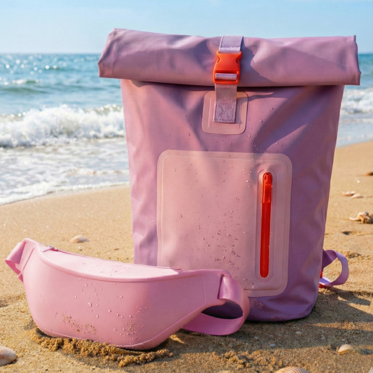 Combo Mochila Cooler Impermeable 15Lt Malva y Banano Rosado