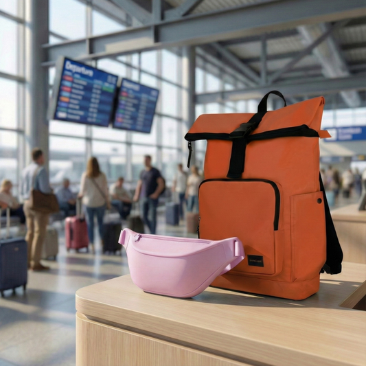 Combo Mochila Saxoline Preston Roll Top Café 35 L  y banano rosado