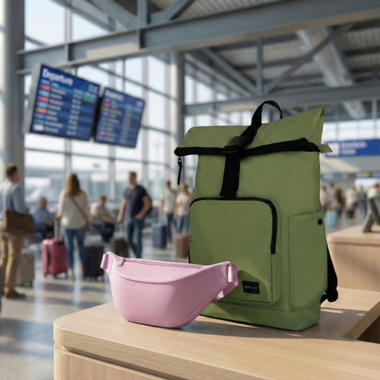 Combo Mochila Saxoline Preston Roll Top Olive Green 35 L  y banano rosado