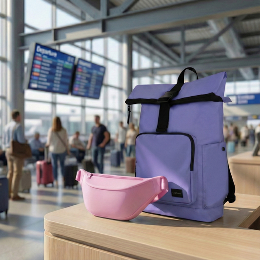 Combo Mochila Saxoline Preston Roll Top Violeta 35 L  y banano rosado