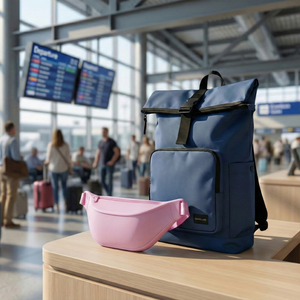 Combo Mochila Saxoline Preston Roll top 35L Blue  y banano rosado