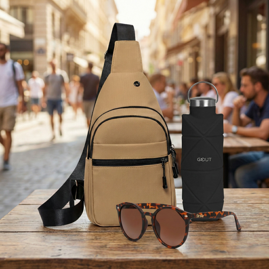 Combo Bandolera Cruzado Navigator + Lentes de sol Rostock color café + Botella Plegable Gout 700ML Negra