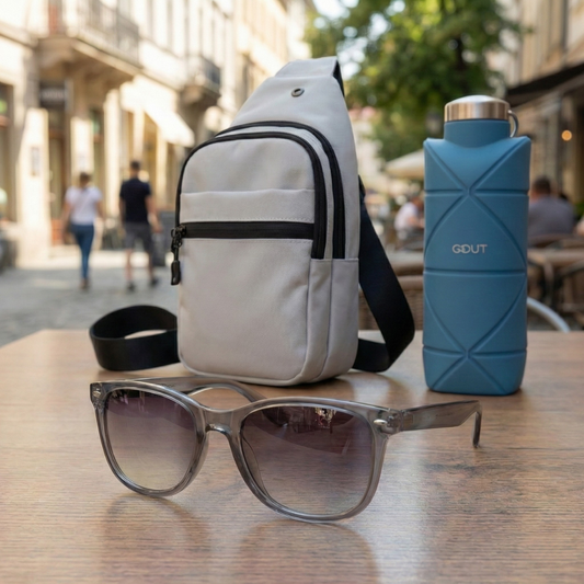 Combo Bandolera Cruzado Gris Navigator + Lentes de sol Ulm color gris + Botella Plegable Gout 700ML Azul