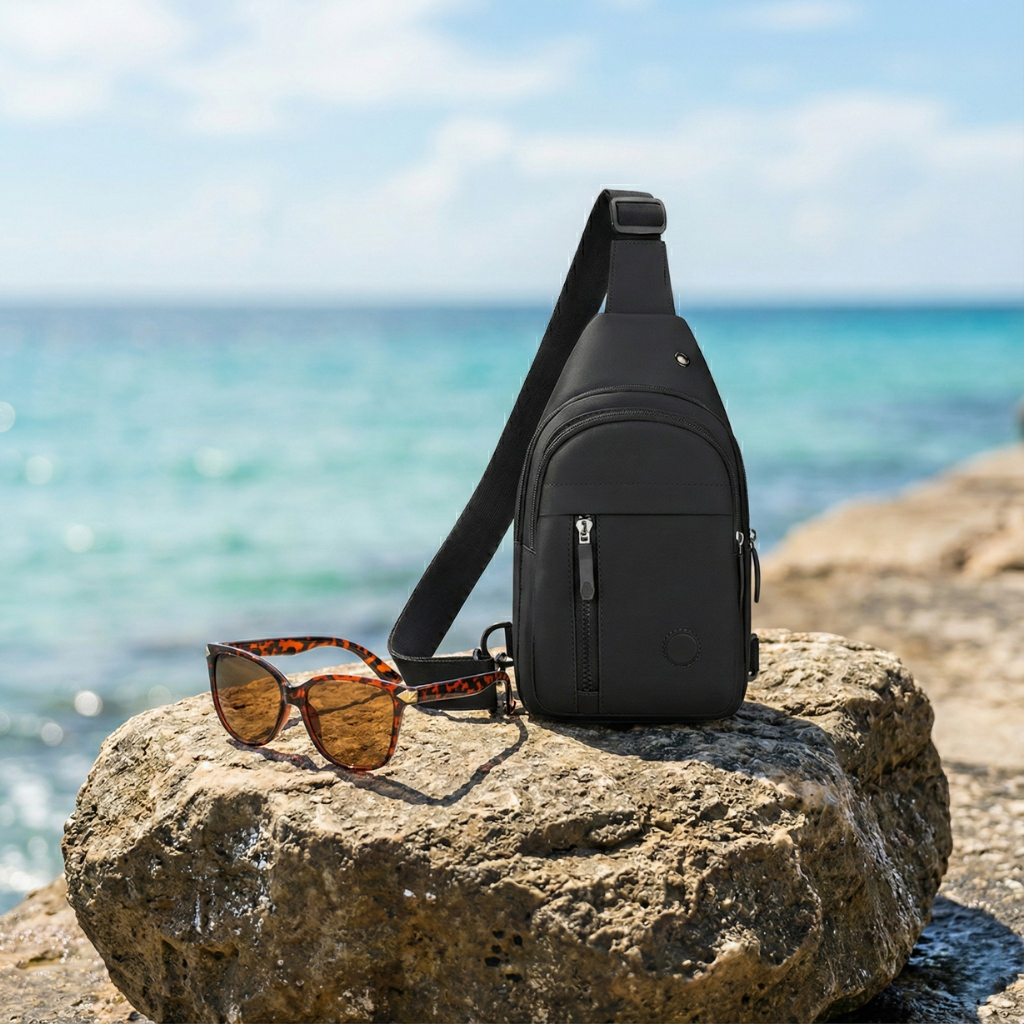 Combo Bandolera Negra + Lentes de sol Bamberg color café