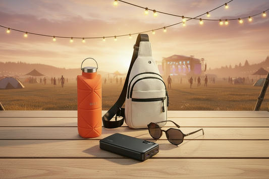 Combo: Botella Plegable Gout 700Ml Coral + Bateria Portatil 20.000mAh + Bandolera Cruzado XB Beige Navigator + Lentes De Sol Nissi