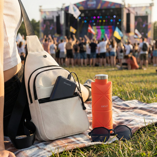 Combo: Botella Plegable Gout 700ML Coral + Power Bank 10.000 Mah Aiwa + Bandolera Beige + Lentes De Sol Nissi