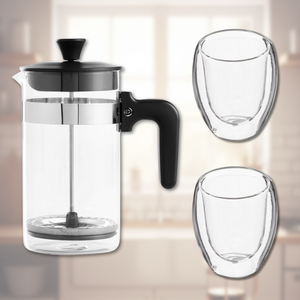 Combo: Cafetera Prensa Francesa Vidrio 1 Lt + Set 2 Tazas De Café Doble Pared 80 Ml