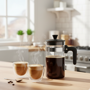 Combo: Cafetera Prensa Francesa Vidrio 1 Lt + Set 2 Tazas De Café Doble Pared 80 Ml