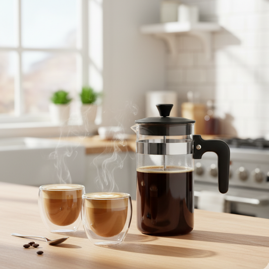 Combo: Cafetera Prensa Francesa Vidrio 1 Lt + Set 2 Tazas De Café Doble Pared 80 Ml