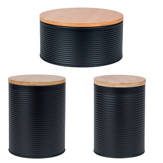 Combo: Frasco Metal Tapa Bambú 21.5X10Cm Negro + Frasco Metal Tapa Bambú 14.5X18Cm Negro + Frasco Metal Tapa Bambú 11X15Cm Negro